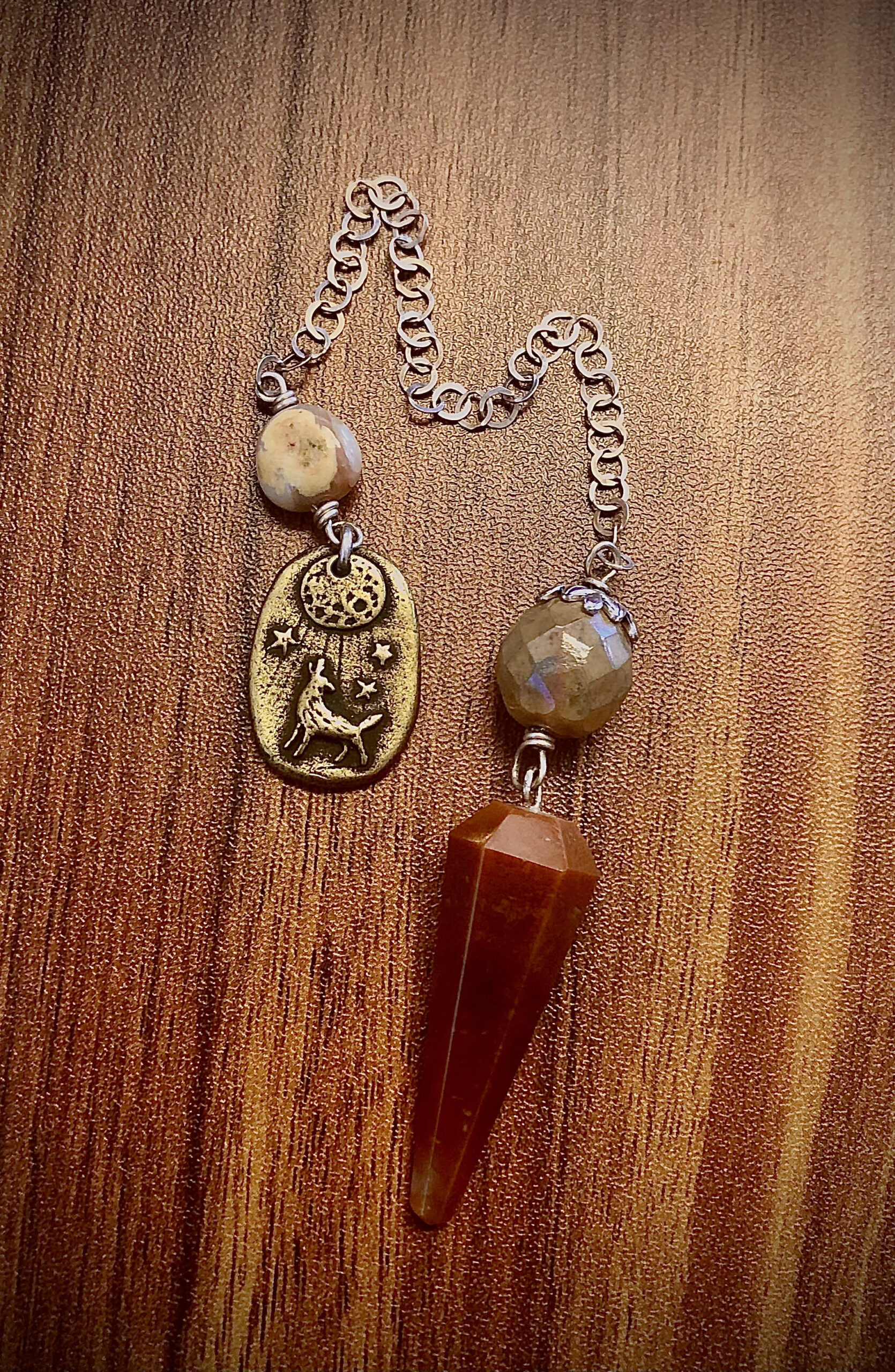 Pendulum-Carnelian Pendulum with Dog barking at the Moon charm Holder