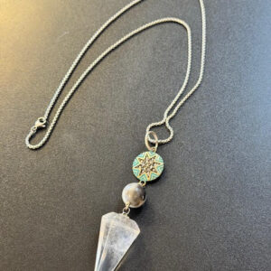 Pendulum Necklace - Clear Quartz Point, Banded Agate Bead and Black and Turquoise Starburst